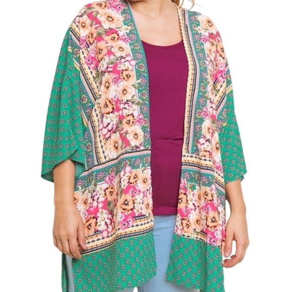 Umgee Other - Umgee Floral Paisley Kimono Cardigan Womens 1XL Green Pink Boho Festival Gypsy
